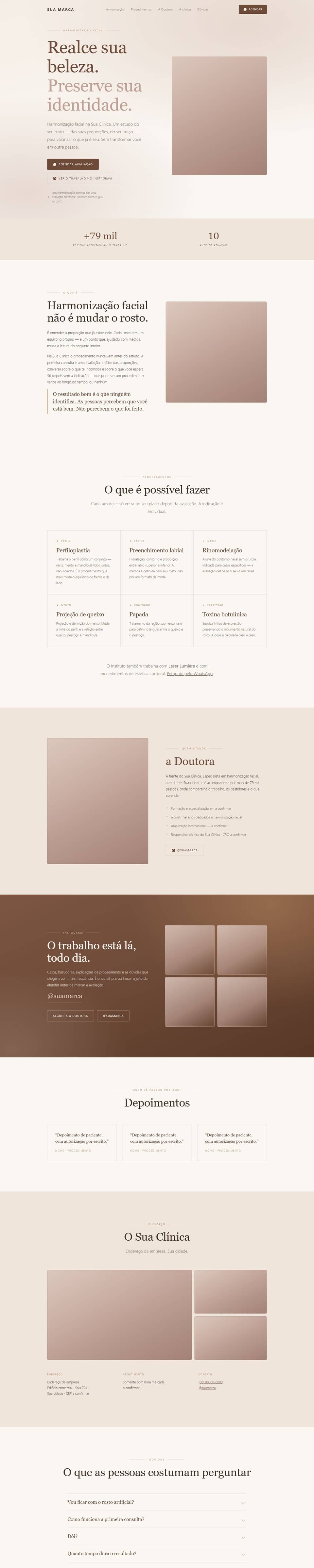 Modelo de site para clínica de estética: tons nude, serifa elegante e botão de agendar avaliação