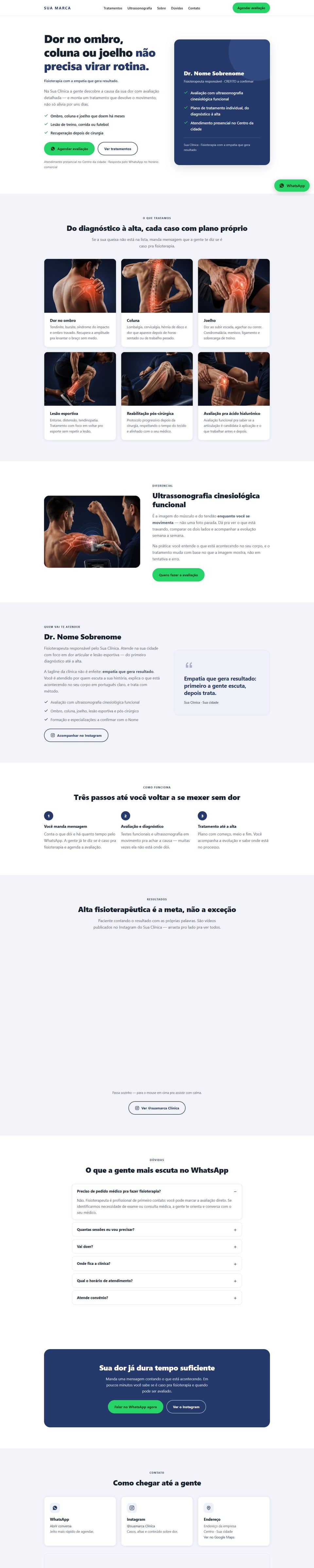 Modelo de site para clínica de fisioterapia: título sobre dor no ombro, coluna e joelho e cartão com as credenciais do profissional