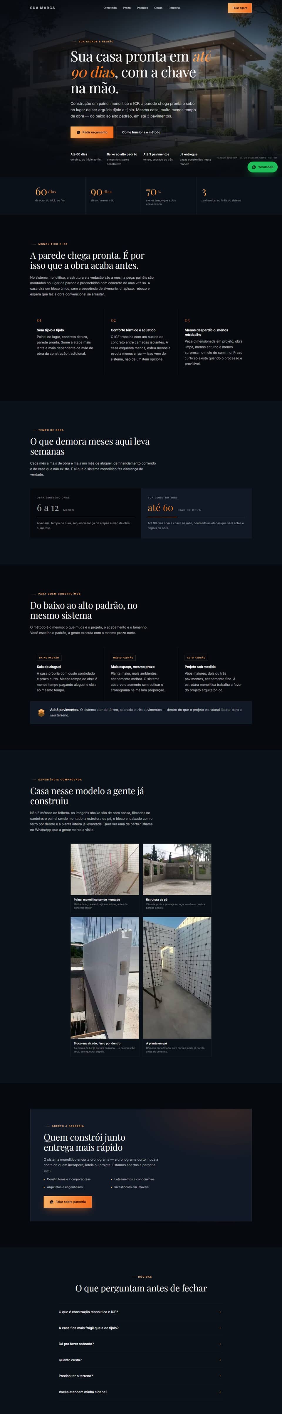 Modelo de site para construtora: tema escuro com serifa, prazo de obra no título e botão de orçamento