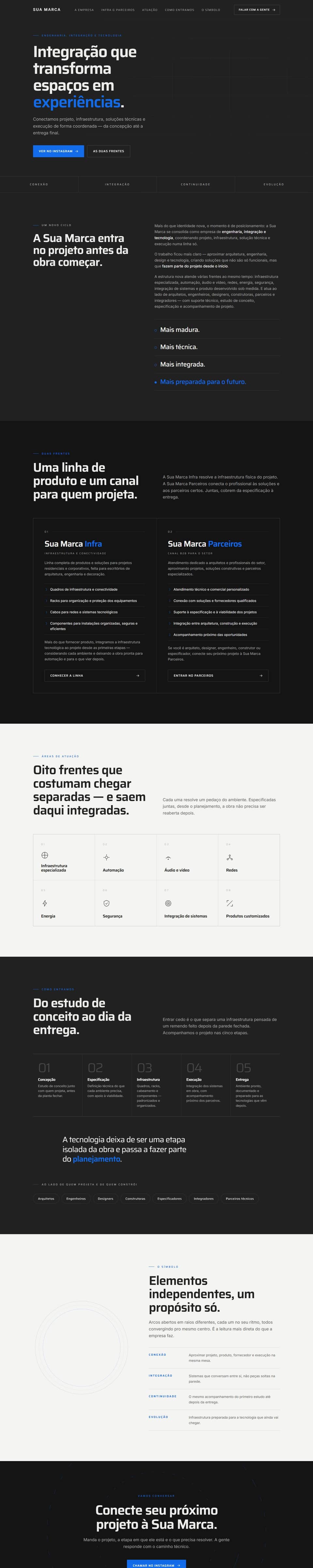 Modelo de site para empresa de engenharia e integração: tema escuro, título forte e destaque em azul