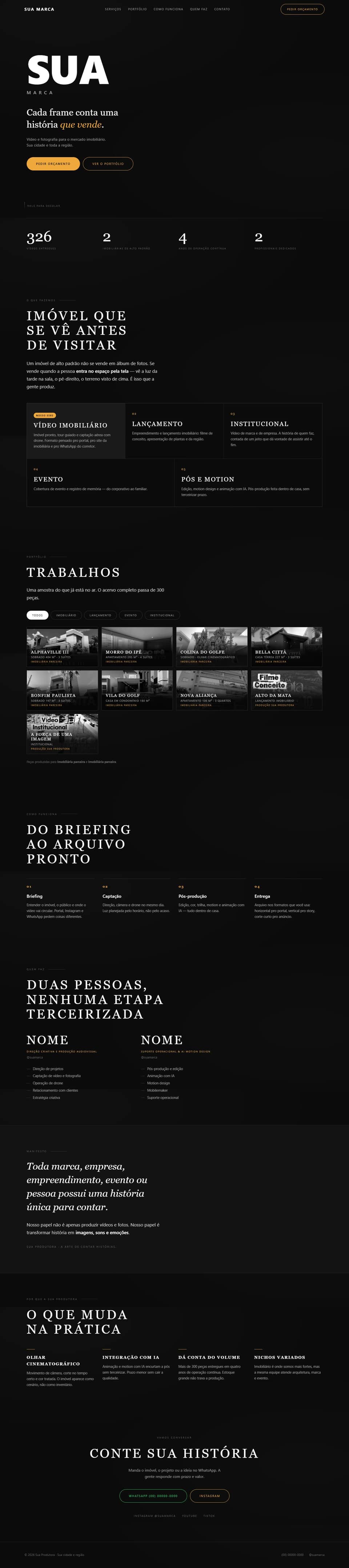 Modelo de site para produtora de audiovisual: fundo preto, título grande e botão de orçamento
