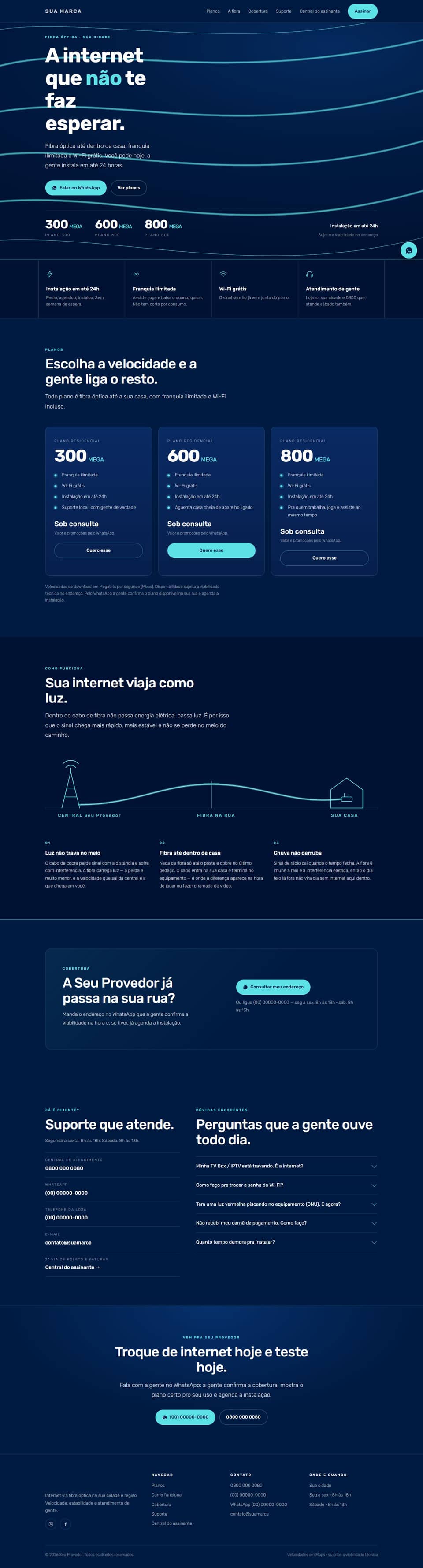 Modelo de site para provedor de fibra óptica: azul-escuro, linhas de luz e os planos em destaque